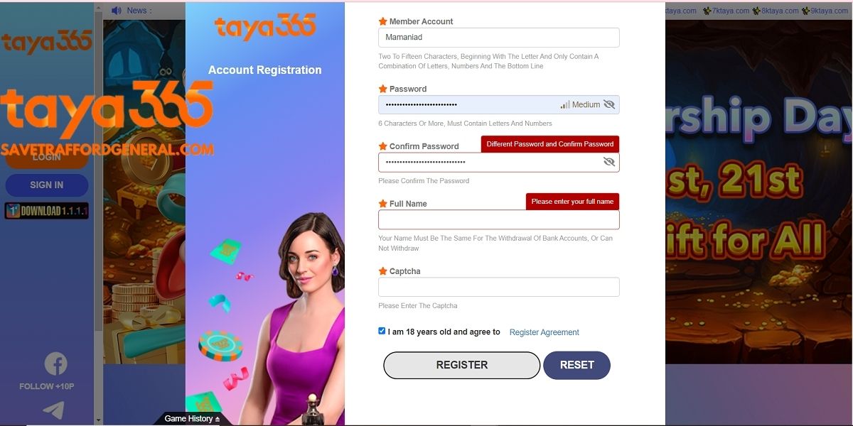 An invalid account is a common cause of Taya365 registration errors